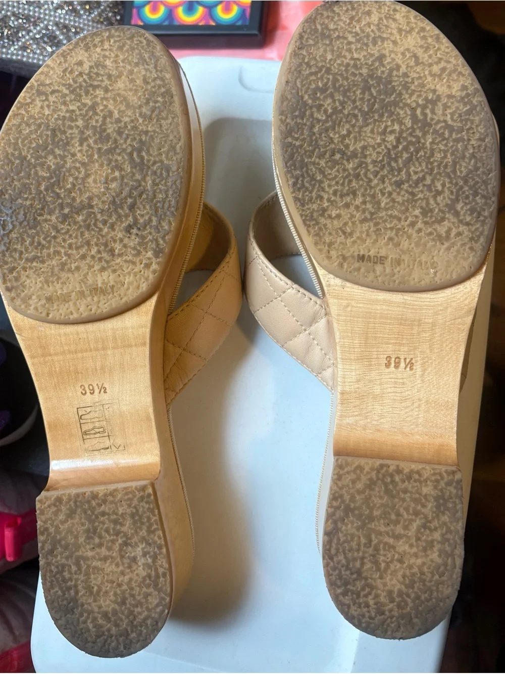CHANEL Quilted Leather Thong Mules in Cream with Silver CC Logo